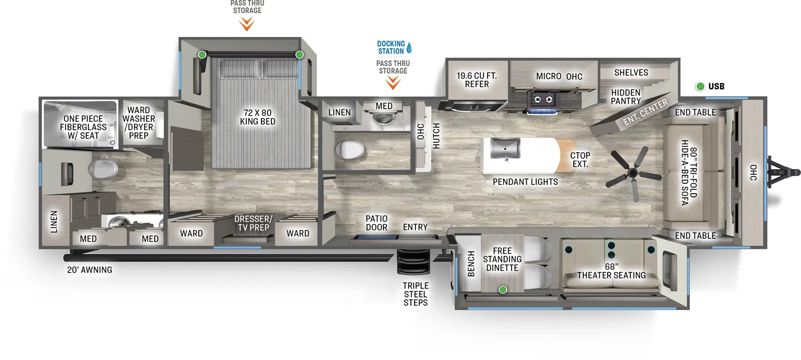 The Sandpiper Destination 388JW floorplan has one entry and three slide outs. Exterior features include: fiberglass exterior and 20' awning. Interiors features include: kitchen island, free-standing dinette option, front living, rear bathroom and bathroom and a half.